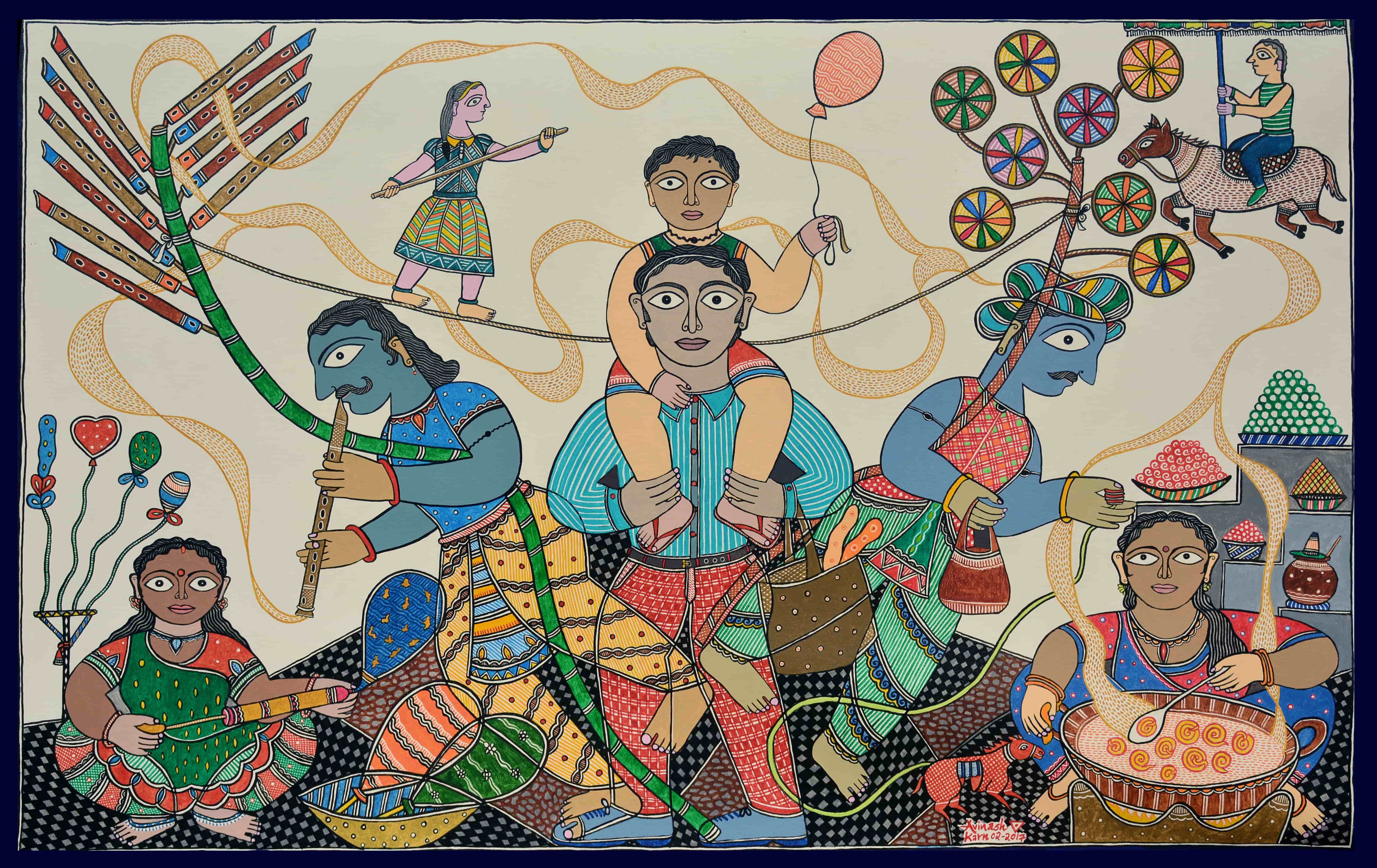 'I get bored of repetition very quickly,' said Karn. 'As a folk artist, I had to come up with new ways to pursue the art form.' Above: Fair of My Village, by Avinash Karn. 'I get bored of repetition very quickly,' said Karn. 'As a folk artist, I had to come up with new ways to pursue the art form.' Above: Fair of My Village, by Avinash Karn.