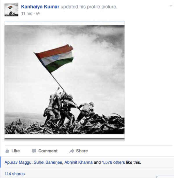 The morphed Iwo Jima picture on JNUSU President Kanhiya Kumar’s hacked Facebook page. The morphed Iwo Jima picture on JNUSU President Kanhiya Kumar’s hacked Facebook page.