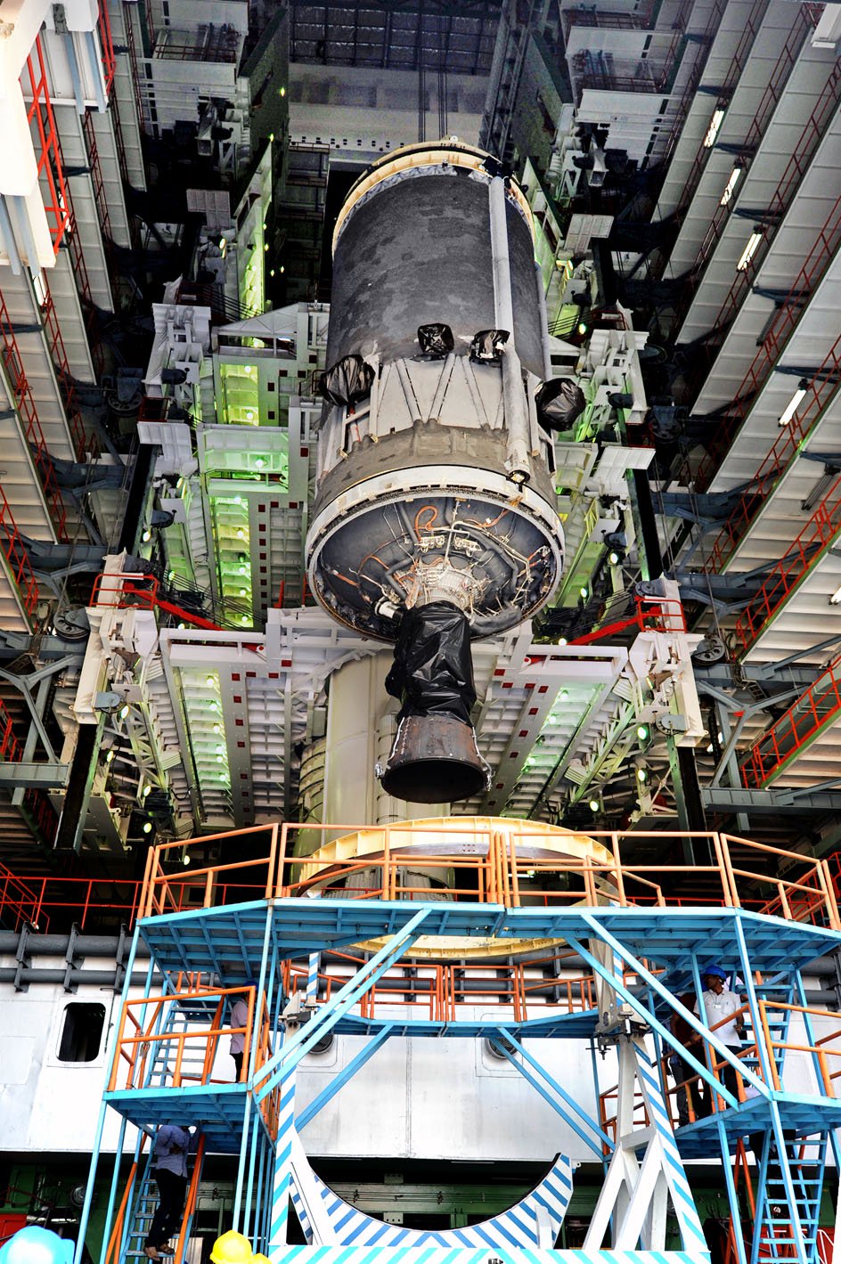 Cryogenic Upper Stage is being integrated with the GSLV-MK III D1. (Credit: ISRO) Cryogenic Upper Stage is being integrated with the GSLV-MK III D1. (Credit: ISRO)
