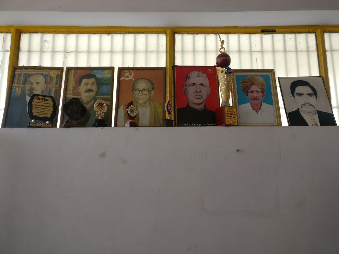 (From left) Portraits of Lenin, Stalin, Jyoti Basu, Trilok Singh, Jowar Singh and Kishan Singh Dhaka adorn the CPI(M) office in Sikar. The last three are local CPI(M) leaders from the Shekhawat region. (From left) Portraits of Lenin, Stalin, Jyoti Basu, Trilok Singh, Jowar Singh and Kishan Singh Dhaka adorn the CPI(M) office in Sikar. The last three are local CPI(M) leaders from the Shekhawat region.