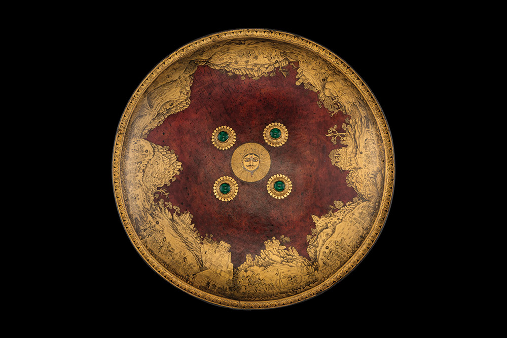 Shield (Dhal) of Maharana Sangram Singh II, made of rhino hide, Mewar, about 1730 CE. Photo: National Museum Shield (Dhal) of Maharana Sangram Singh II, made of rhino hide, Mewar, about 1730 CE. Photo: National Museum