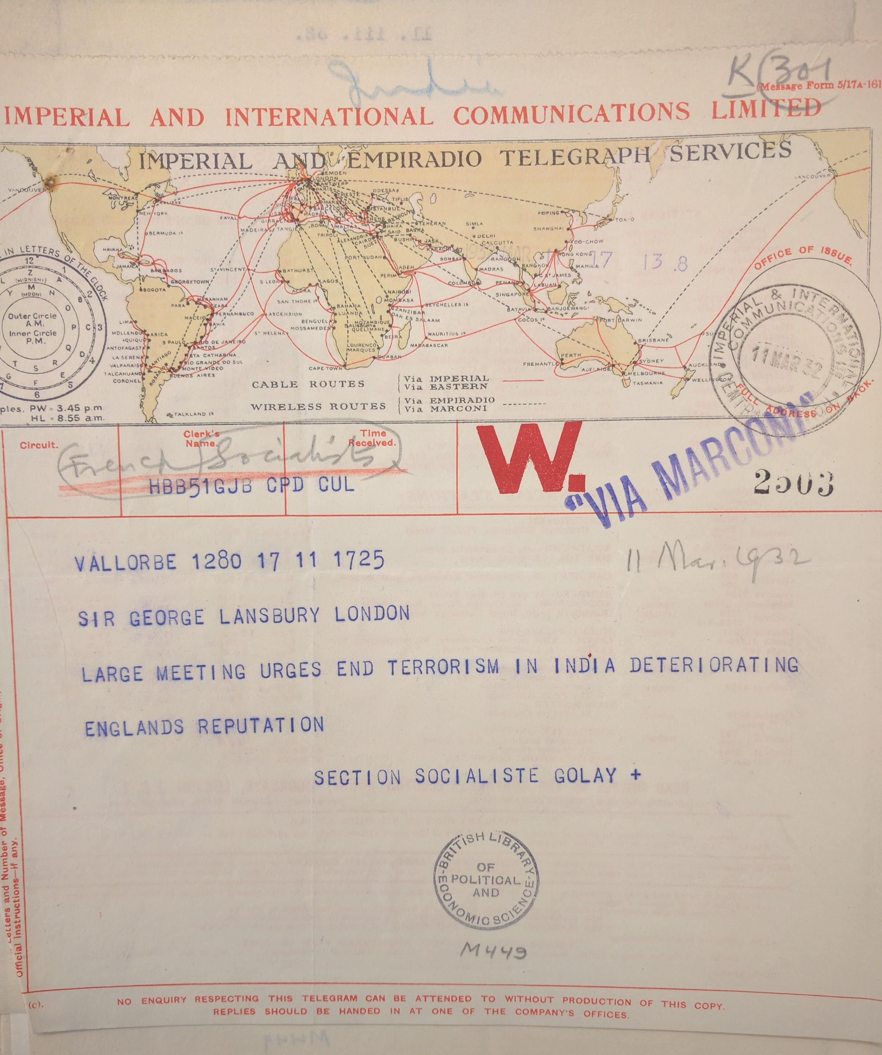 A telegram sent to George Lansbury, leader of the Labour Party. Image courtesy: LSE. A telegram sent to George Lansbury, leader of the Labour Party. Image courtesy: LSE.