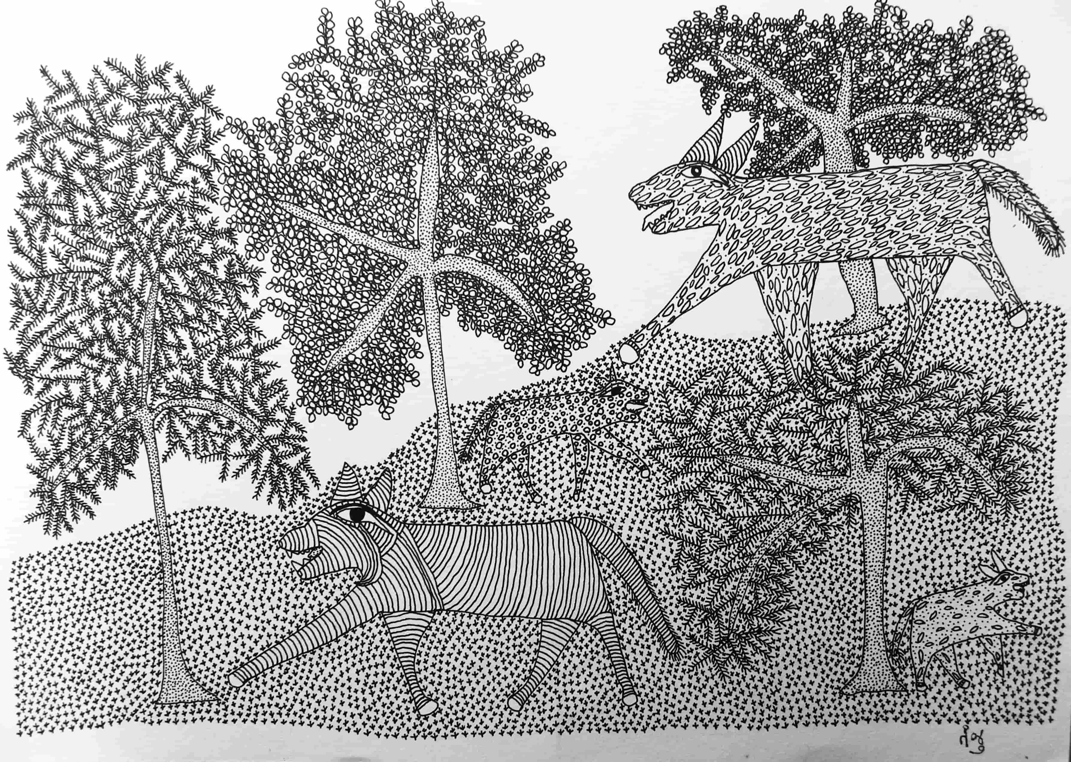 Four animals march amid trees, protecting their territory. Their role as the guardians is emphasised by the large prominent eyes that serve as a talisman against evil. Four animals march amid trees, protecting their territory. Their role as the guardians is emphasised by the large prominent eyes that serve as a talisman against evil.