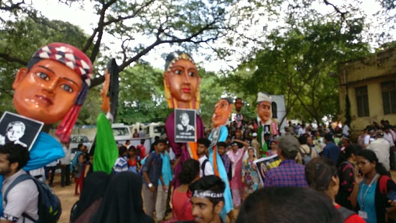 Protestors participating in the rally hold up dummies as they reach Bengaluru's Central College ground. (Credit: Rohan Venkat/Scroll.in) Protestors participating in the rally hold up dummies as they reach Bengaluru's Central College ground. (Credit: Rohan Venkat/Scroll.in)