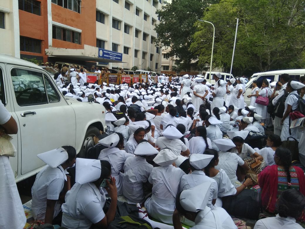 The protesting nurses slept on the ground for two nights. Photo courtesy Tamil Nadu Government MRB Nurses Empowerment Association The protesting nurses slept on the ground for two nights. Photo courtesy Tamil Nadu Government MRB Nurses Empowerment Association