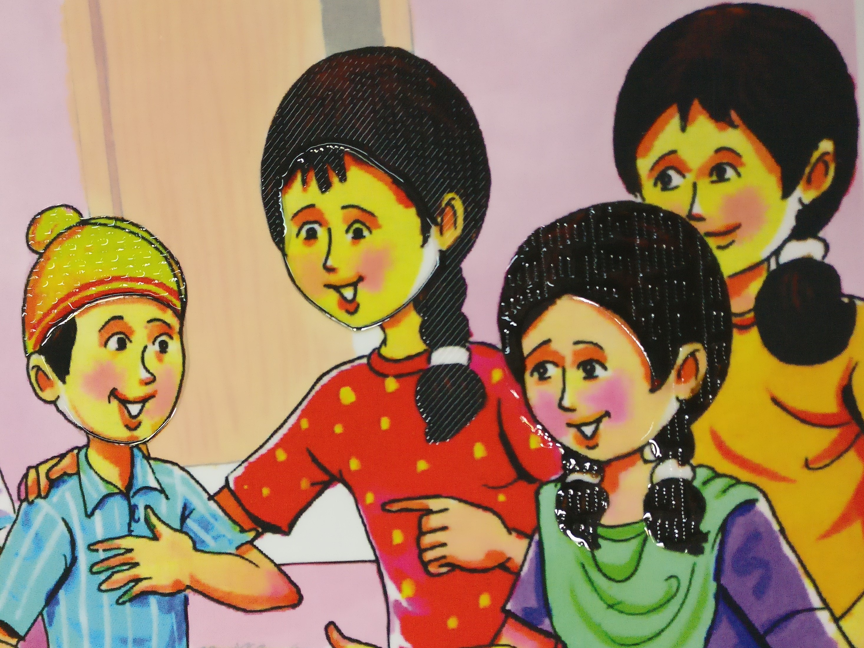 In a single illustration from one of the stories, Chupan Chupai, or Hide and Seek, each of the three main characters has a different tactile texture for hair. Jeet (left) has dots, Babli (middle) has diagonal stripes and Naziya (right) has vertical stripes. (Photo credit: Richa Shrivastava). In a single illustration from one of the stories, Chupan Chupai, or Hide and Seek, each of the three main characters has a different tactile texture for hair. Jeet (left) has dots, Babli (middle) has diagonal stripes and Naziya (right) has vertical stripes. (Photo credit: Richa Shrivastava).