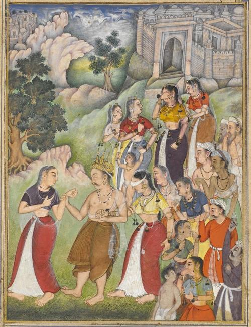 The blind king Dhṛtarāṣṭra, led by Kuntī, leaves the city of Hastinapur and retires to the forest. His wife Gāndhārī, blindfolded, supports him following behind. From the 15th book, the Aśramavāsikaparva (Retirement to the Hermitage). Painting attributed to Dhanū (Or.12076, f.110v) The blind king Dhṛtarāṣṭra, led by Kuntī, leaves the city of Hastinapur and retires to the forest. His wife Gāndhārī, blindfolded, supports him following behind. From the 15th book, the Aśramavāsikaparva (Retirement to the Hermitage). Painting attributed to Dhanū (Or.12076, f.110v)
