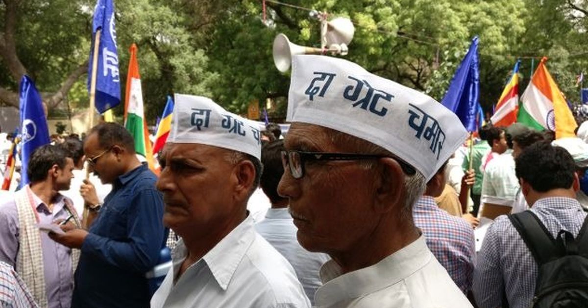Two men wear caps with the slogan The Great Chamar at a rally in Delhi in May. Chamars are one of the largest Dalit castes in India. Photo: Shoaib Daniyal Two men wear caps with the slogan The Great Chamar at a rally in Delhi in May. Chamars are one of the largest Dalit castes in India. Photo: Shoaib Daniyal