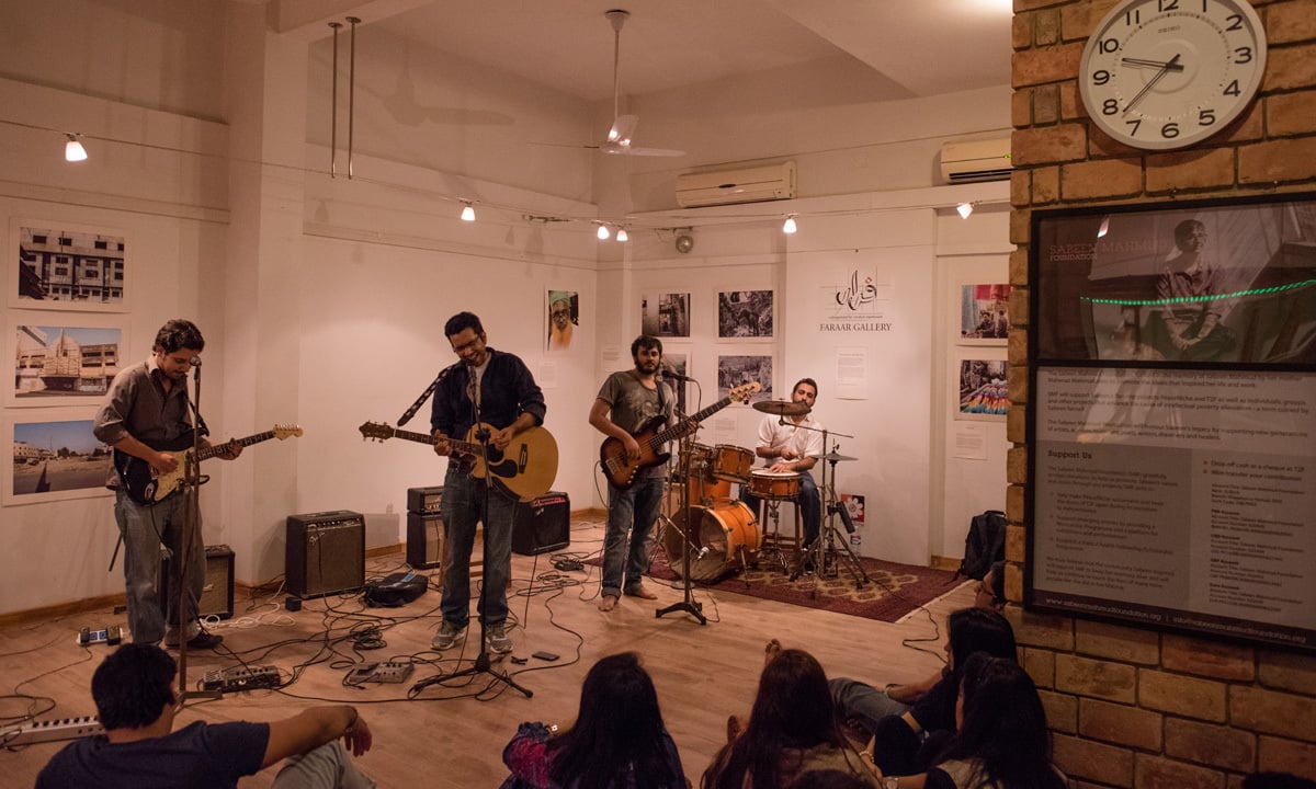 E sharp band members Anwaar Ahmed, Ahmed Zawar, Zia Zaidi and Qumber Kazmi perform at T2F in Karachi | Mohammad Ali, White Star E sharp band members Anwaar Ahmed, Ahmed Zawar, Zia Zaidi and Qumber Kazmi perform at T2F in Karachi | Mohammad Ali, White Star