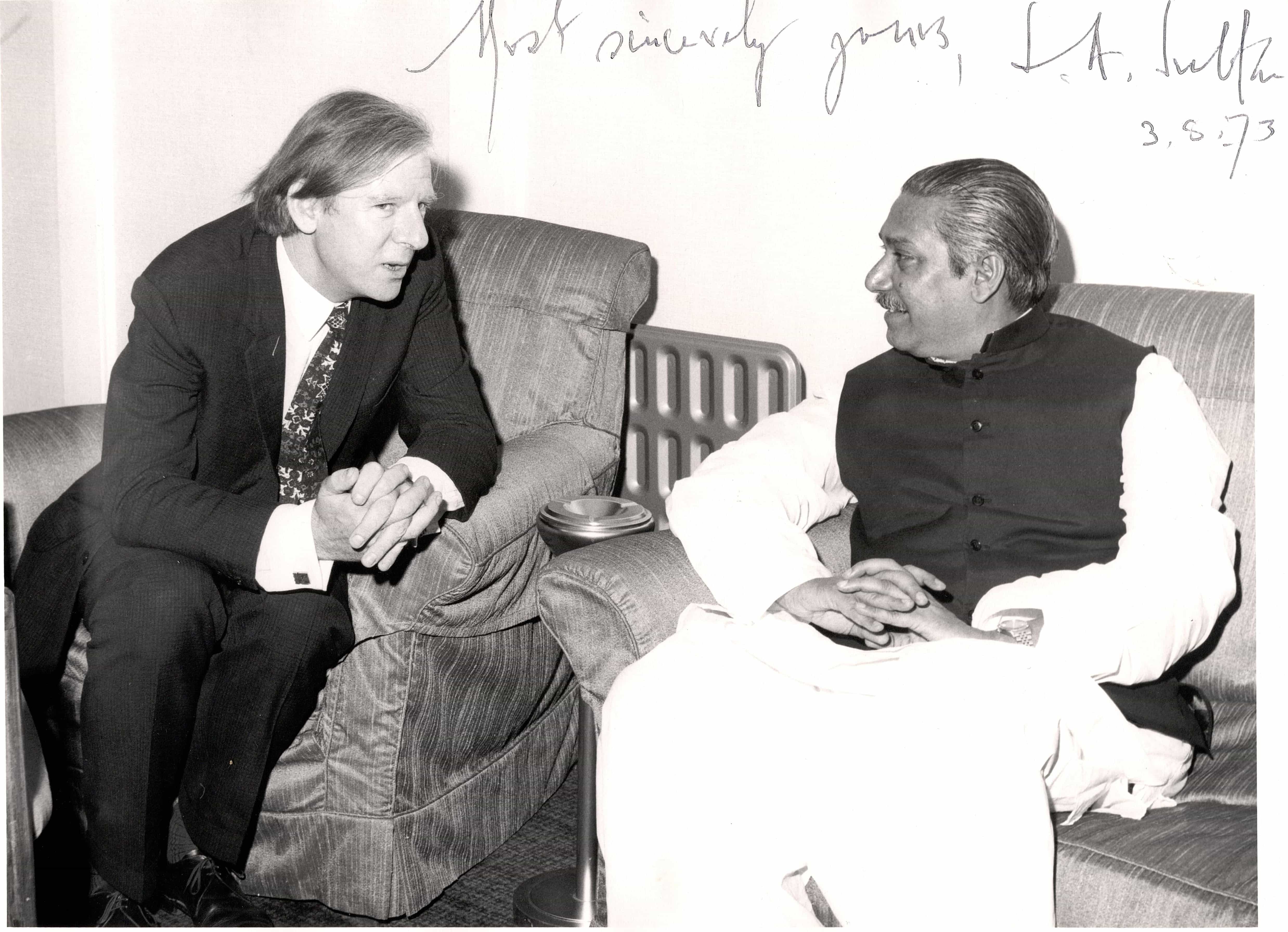 Peter Shore (Labour MP) with the founding leader of Bangladesh, Sheikh Mujibur Rahman, 1973. Image courtesy: LSE Peter Shore (Labour MP) with the founding leader of Bangladesh, Sheikh Mujibur Rahman, 1973. Image courtesy: LSE