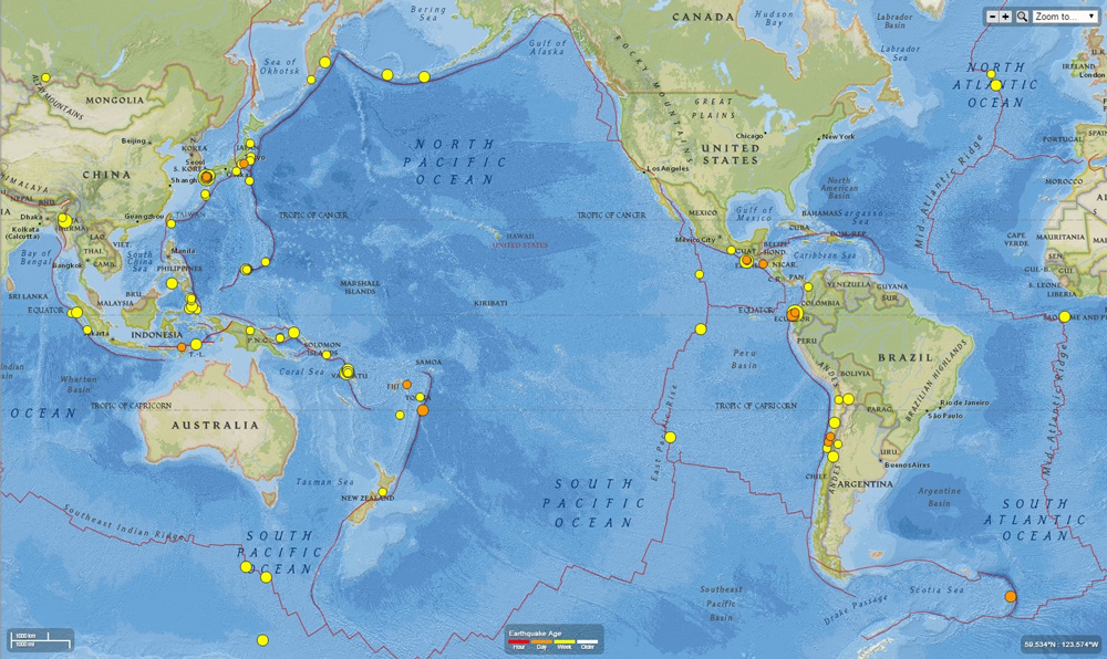 This map shows all earthquakes with a magnitude over 4.5 from April 11-18. You can see that many earthquakes occurred around the Pacific during that period, but there are clusters around Japan and Ecuador following the large earthquakes there. Source: USGS. This map shows all earthquakes with a magnitude over 4.5 from April 11-18. You can see that many earthquakes occurred around the Pacific during that period, but there are clusters around Japan and Ecuador following the large earthquakes there. Source: USGS.