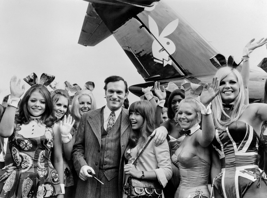 'Playboy' publisher Hugh Hefner and playmates arrive at Le Bourget airport on the Playboy jet "Big Bunny". Photo credit: AFP 'Playboy' publisher Hugh Hefner and playmates arrive at Le Bourget airport on the Playboy jet "Big Bunny". Photo credit: AFP