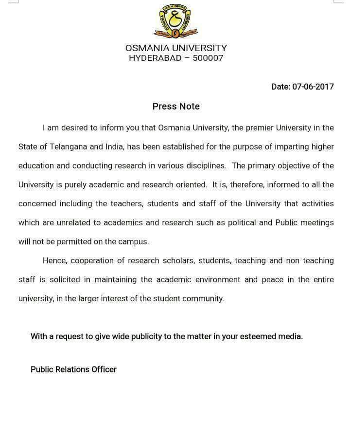Osmania University statement on political activity on campus. (Credit: Shashidhar Vuppala) Osmania University statement on political activity on campus. (Credit: Shashidhar Vuppala)