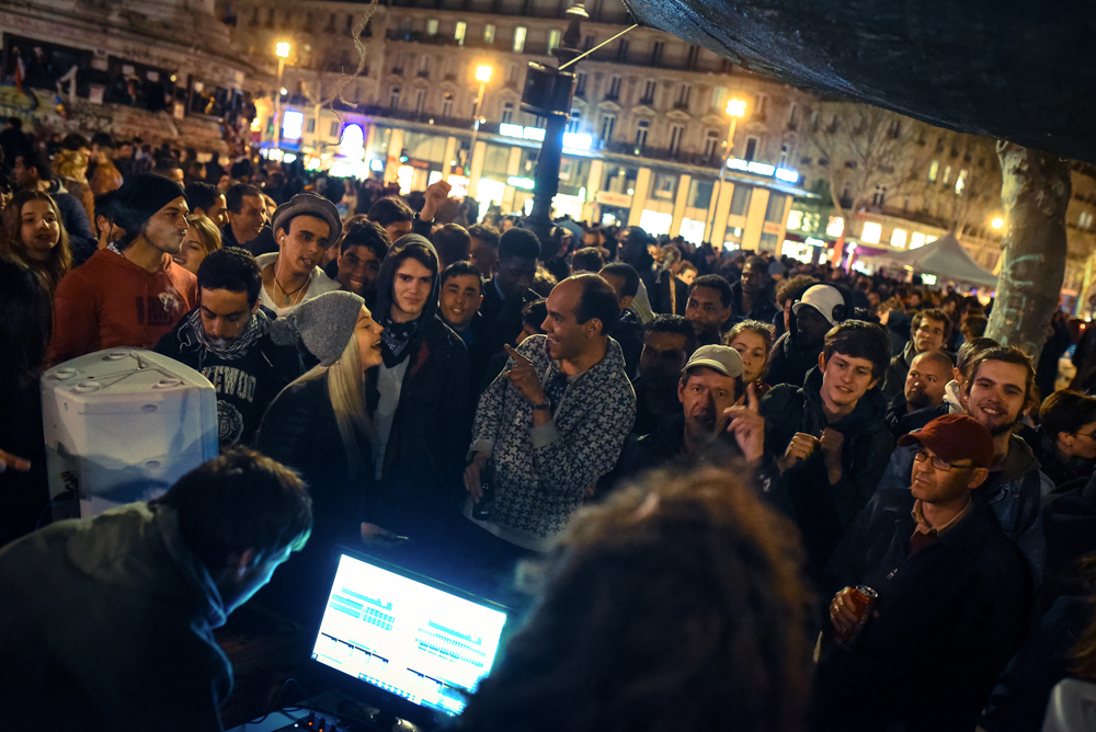 Party time, Saturday night at Nuit debout, Place de la République, April 2016. Party time, Saturday night at Nuit debout, Place de la République, April 2016.