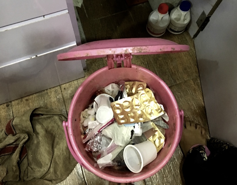 Syringes discarded with tea cups to be thrown out with household garbage. Photo: Priyanka Vora Syringes discarded with tea cups to be thrown out with household garbage. Photo: Priyanka Vora