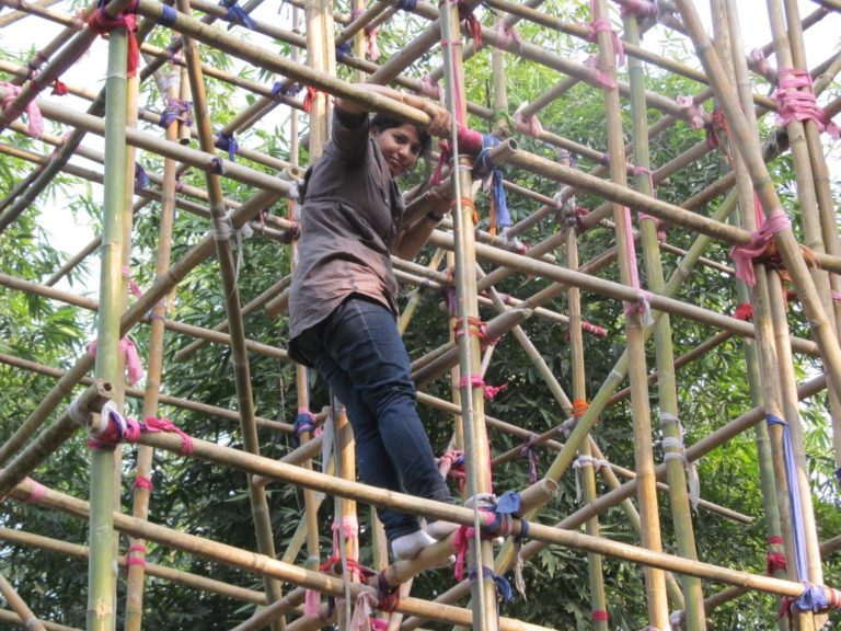 Purnima climbing an observation tower to study Greater Adjutant behavior. Image Credit: Purnima Barman Purnima climbing an observation tower to study Greater Adjutant behavior. Image Credit: Purnima Barman