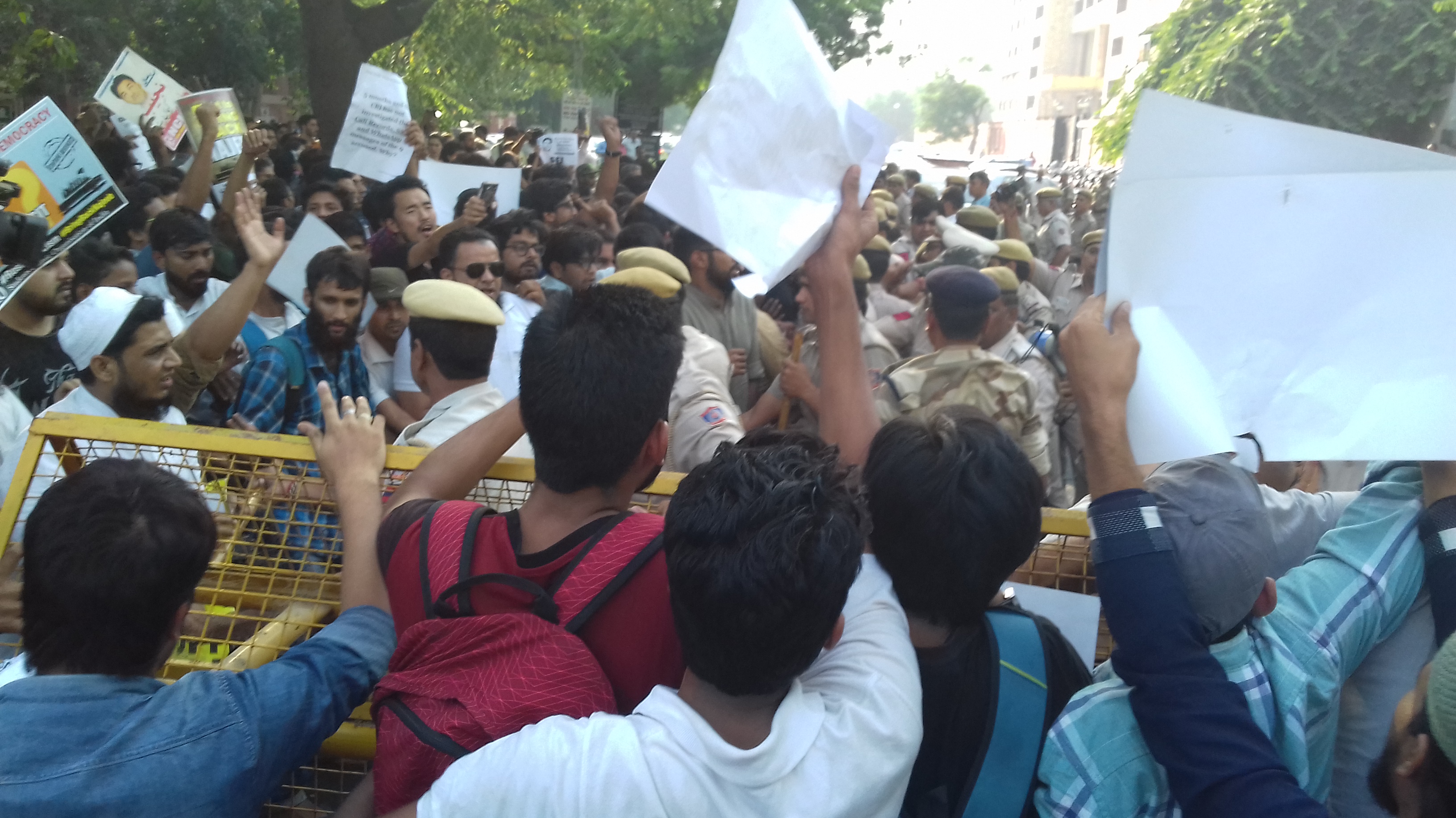 Students protest outside the CBI headquarters demanding a faster probe into the Najeeb Ahmad missing case. (Image Credit: Abhishek Dey) Students protest outside the CBI headquarters demanding a faster probe into the Najeeb Ahmad missing case. (Image Credit: Abhishek Dey)