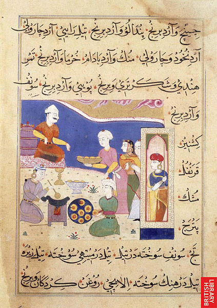 Ghiyath Shahi seated on a stool in a garden is being offered a dish, possibly of samosas. A cook is frying them over a stove, while another is placing them on a round dish. Opaque watercolour. Sultanate style. Title of Work: The Ni'matnama-i Nasir al-Din Shah. A manuscript on Indian cookery and the preparation of sweetmeats, spices etc., 1495-1505. Source: British Library/ Wikimedia Commons CC BY Ghiyath Shahi seated on a stool in a garden is being offered a dish, possibly of samosas. A cook is frying them over a stove, while another is placing them on a round dish. Opaque watercolour. Sultanate style. Title of Work: The Ni'matnama-i Nasir al-Din Shah. A manuscript on Indian cookery and the preparation of sweetmeats, spices etc., 1495-1505. Source: British Library/ Wikimedia Commons CC BY
