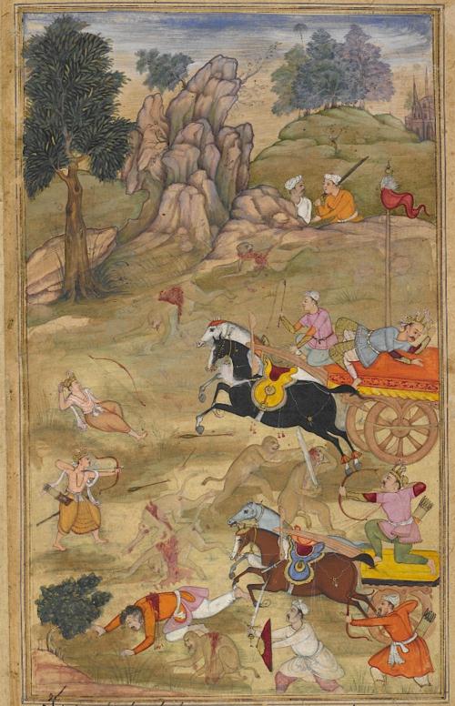 Kusa and Lava defeating Bharata, Lakshmana and the monkey army. European-type Gothic spires are visible on the skyline. Episode from the 14th book, the Aśvamedhikaparva (horse sacrifice). Painting attributed to Ās, son of Mahesh (Or.12076, f.62v). Kusa and Lava defeating Bharata, Lakshmana and the monkey army. European-type Gothic spires are visible on the skyline. Episode from the 14th book, the Aśvamedhikaparva (horse sacrifice). Painting attributed to Ās, son of Mahesh (Or.12076, f.62v).
