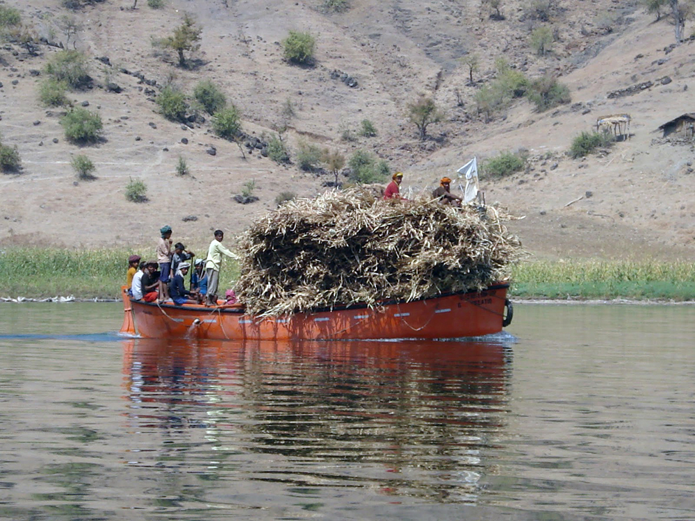 The Adivasis use motorboats to navigate partially submerged villages. Photo credit: Nandini Oza The Adivasis use motorboats to navigate partially submerged villages. Photo credit: Nandini Oza