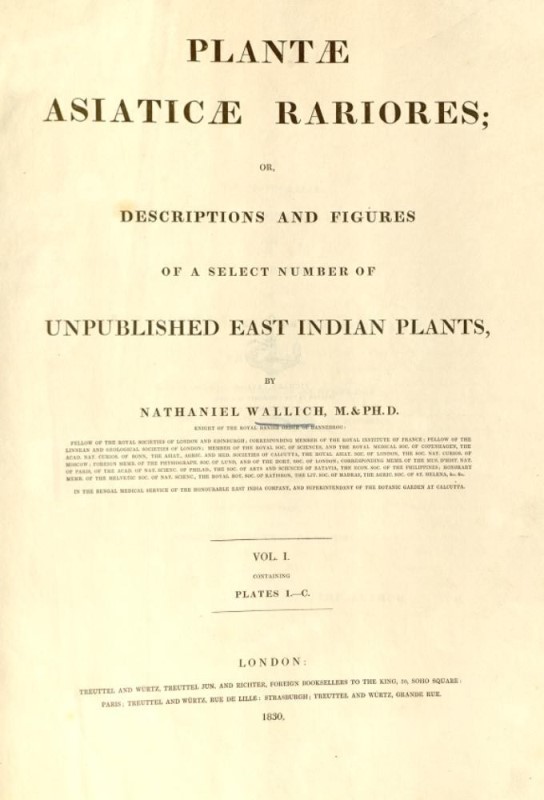 The title page of Plantae Asiaticae Rariores, by Nathaniel Wallich. The title page of Plantae Asiaticae Rariores, by Nathaniel Wallich.