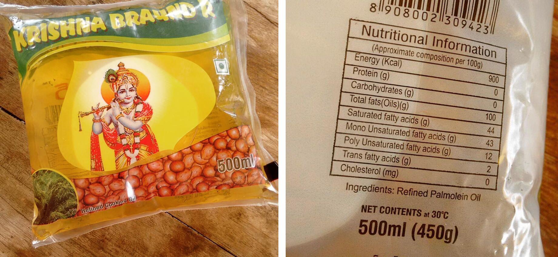 At the back of an edible oil packet marketed as groundnut oil is crucial information: this is actually palmolein oil. Photo credit: Madhu Reddy At the back of an edible oil packet marketed as groundnut oil is crucial information: this is actually palmolein oil. Photo credit: Madhu Reddy