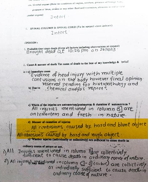 Copy of post-mortem report of Aniket Khicchi, October 28, 2013. Copy of post-mortem report of Aniket Khicchi, October 28, 2013.