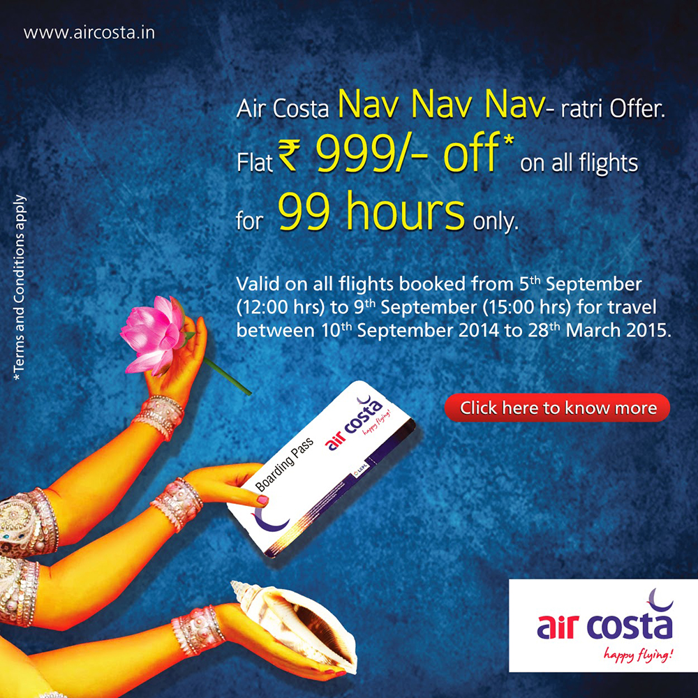 An advertisement for Air Costa airlines. An advertisement for Air Costa airlines.
