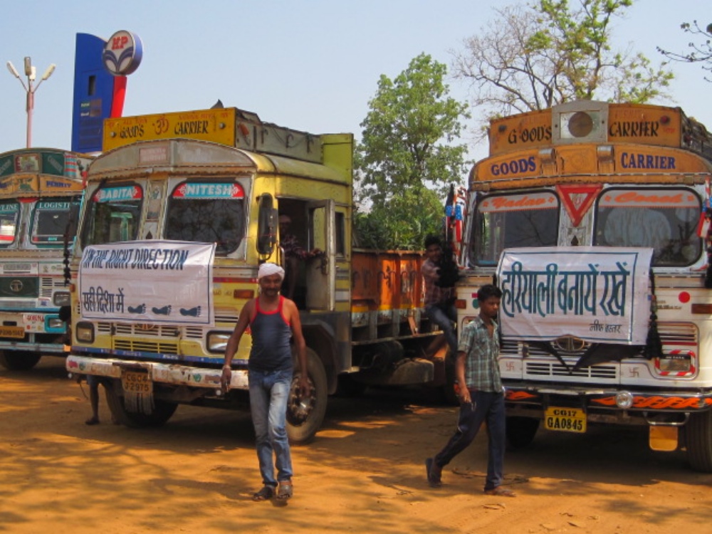 Trucks loaded with saplings from nurseries in Bastar are ready to depart. Photo credit: Madhu Ramnath. Trucks loaded with saplings from nurseries in Bastar are ready to depart. Photo credit: Madhu Ramnath.