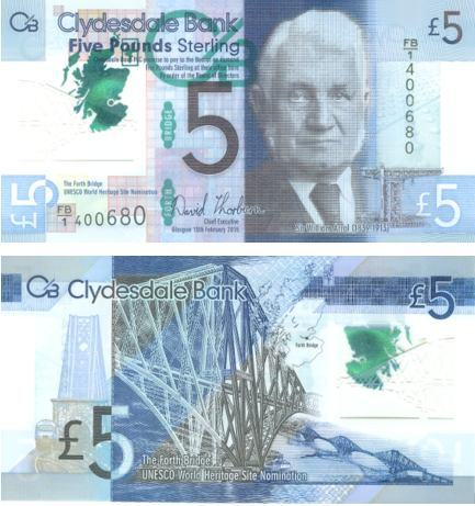 Issued by Clydesdale Bank, the Scottish five-pound note has engineering entrepreneur William Arrol on the front, whose company built the Forth Bridge in 1890 and is still considered a marvel. Issued by Clydesdale Bank, the Scottish five-pound note has engineering entrepreneur William Arrol on the front, whose company built the Forth Bridge in 1890 and is still considered a marvel.