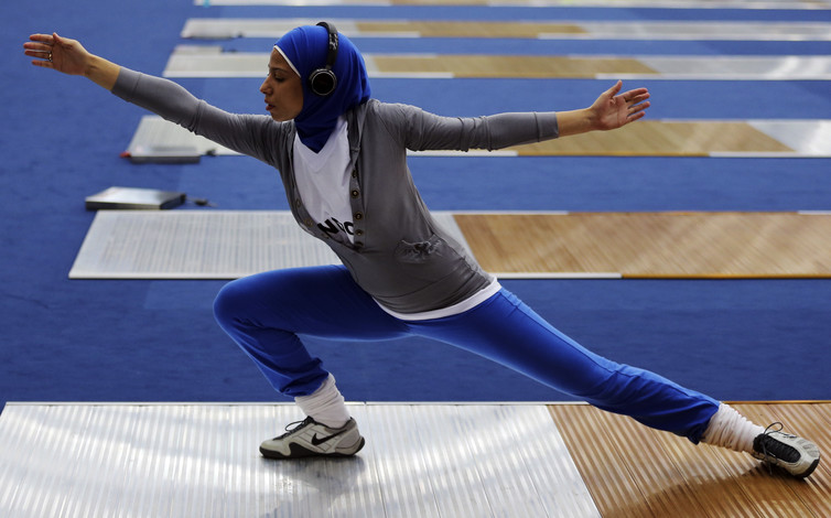 Egypt’s Eman Gaber, wearing a sports hijab during a practice session before the start of the London 2012 Olympic Games. (Credit: Kim Kyung Hoon / Reuters) Egypt’s Eman Gaber, wearing a sports hijab during a practice session before the start of the London 2012 Olympic Games. (Credit: Kim Kyung Hoon / Reuters)