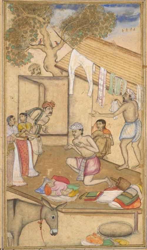 One of Rama's servants overhears a washerman quarrelling with his wife. Episode from the 14th book, the Aśvamedhikaparva (horse sacrifice). Painting attributed to Daʼūd, brother of Daulat (Or.12076, f.48r). One of Rama's servants overhears a washerman quarrelling with his wife. Episode from the 14th book, the Aśvamedhikaparva (horse sacrifice). Painting attributed to Daʼūd, brother of Daulat (Or.12076, f.48r).