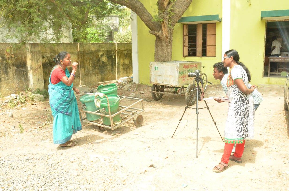 Divya Bharathi interviewing a sanitation worker. Credit: Kala Gopal. Divya Bharathi interviewing a sanitation worker. Credit: Kala Gopal.