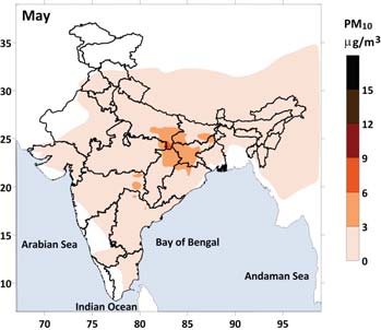 Monthly average PM10 concentrations due to emissions from coal-fired thermal power plants in India. Source: Greenpeace India Monthly average PM10 concentrations due to emissions from coal-fired thermal power plants in India. Source: Greenpeace India
