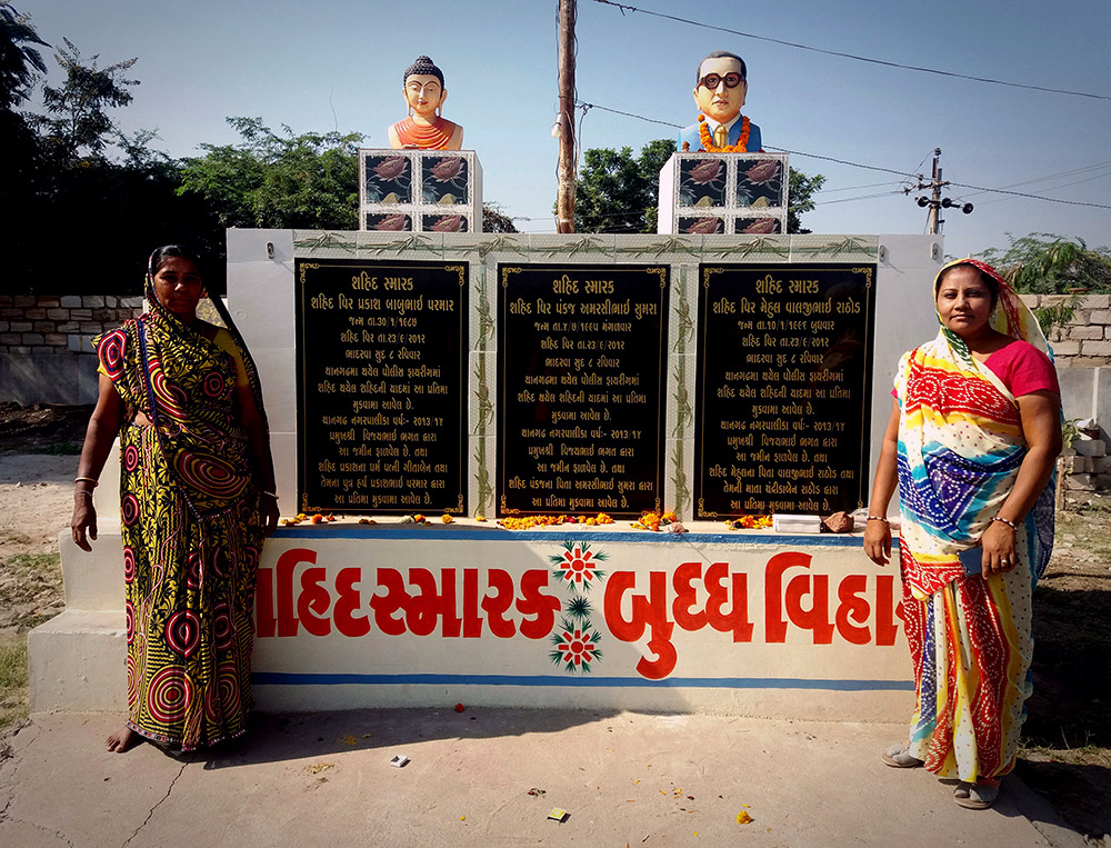 Mothers of two of the three deceased Dalit youth at a memorial built for them in Thangadh. Photos credit: Aarefa Johari. Mothers of two of the three deceased Dalit youth at a memorial built for them in Thangadh. Photos credit: Aarefa Johari.