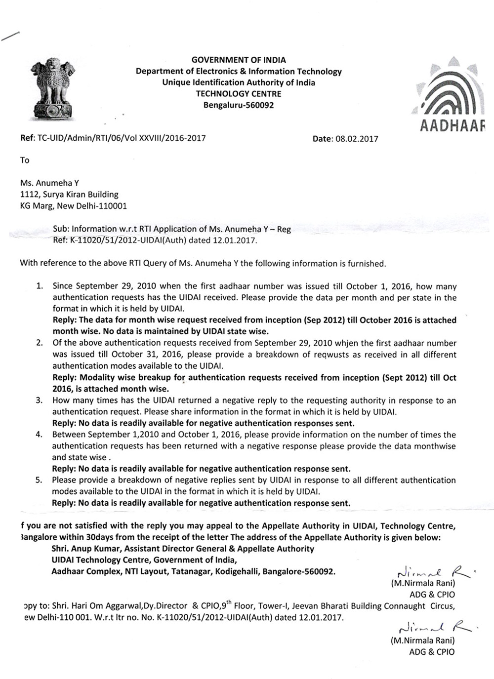 UIDAI stated that the data on authentication requests cannot be shared as it is not "readily available." UIDAI stated that the data on authentication requests cannot be shared as it is not "readily available."