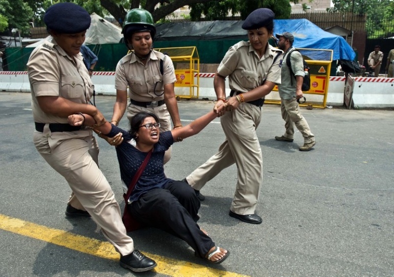 The Delhi police detains a protestor during a demonstration against Israeli attacks on Gaza outside the Israeli embassy in New Delhi on July 14, 2014. (Photo credit: AFP). The Delhi police detains a protestor during a demonstration against Israeli attacks on Gaza outside the Israeli embassy in New Delhi on July 14, 2014. (Photo credit: AFP).