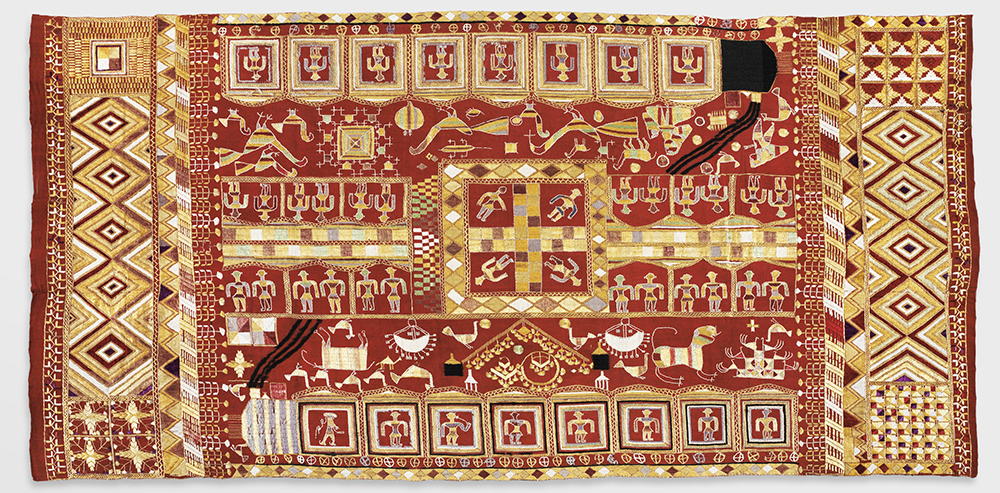 Handspun cotton plain weave with silk embroidery, unknown artist, Punjab, 20th Century. Photo Courtesy of Philadelphia Museum of Art. Handspun cotton plain weave with silk embroidery, unknown artist, Punjab, 20th Century. Photo Courtesy of Philadelphia Museum of Art.