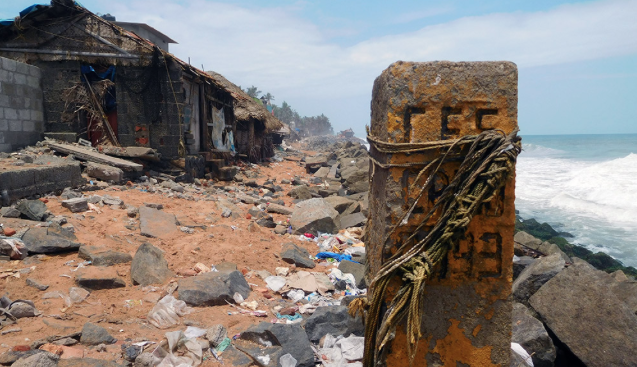 Beach erosion has destroyed hundreds of homes in Kerala's coastal villages. Opponents of the Vizhinjam port project say it will lead to sea erosion. (Credit: TA Ameerudheen) Beach erosion has destroyed hundreds of homes in Kerala's coastal villages. Opponents of the Vizhinjam port project say it will lead to sea erosion. (Credit: TA Ameerudheen)