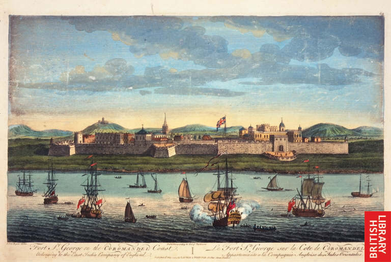"Fort of St.George on the Coromandel Coast, Madras, belonging to the East India Company of England," a line engraving by Jan van Ryne. Image credit: Wikimedia Commons. "Fort of St.George on the Coromandel Coast, Madras, belonging to the East India Company of England," a line engraving by Jan van Ryne. Image credit: Wikimedia Commons.