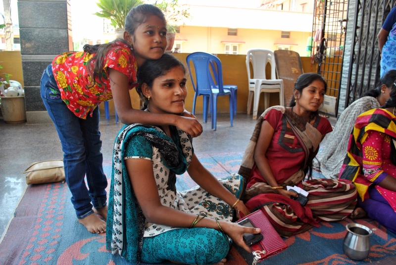 Tailor Sukanya KN and her daughter attend a Sunday workshop on gratuity conducted by the Garment Labour Union. (Photo credit: Rohini Mohan). Tailor Sukanya KN and her daughter attend a Sunday workshop on gratuity conducted by the Garment Labour Union. (Photo credit: Rohini Mohan).