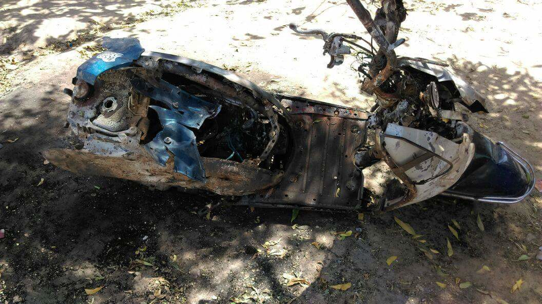 A charred two-wheeler. Photo credit: Damayantee Dhar A charred two-wheeler. Photo credit: Damayantee Dhar