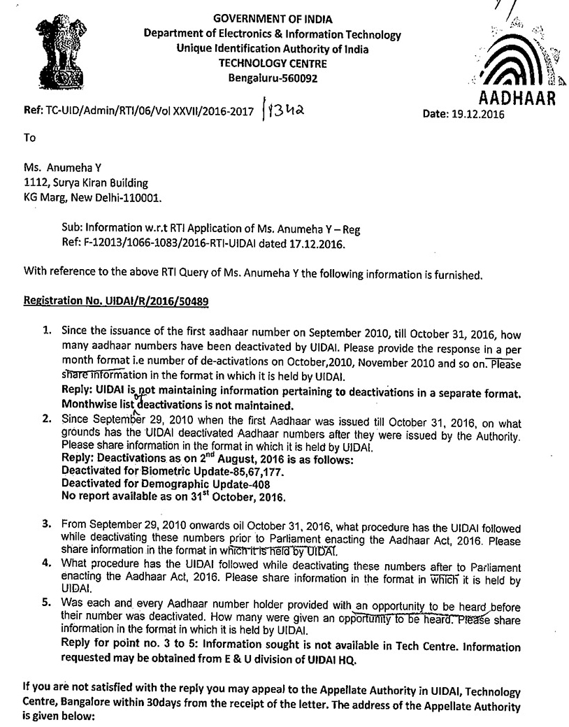 The Unique Identification Authority of India stated that it does not maintain data on month-wise deactivations. The Unique Identification Authority of India stated that it does not maintain data on month-wise deactivations.