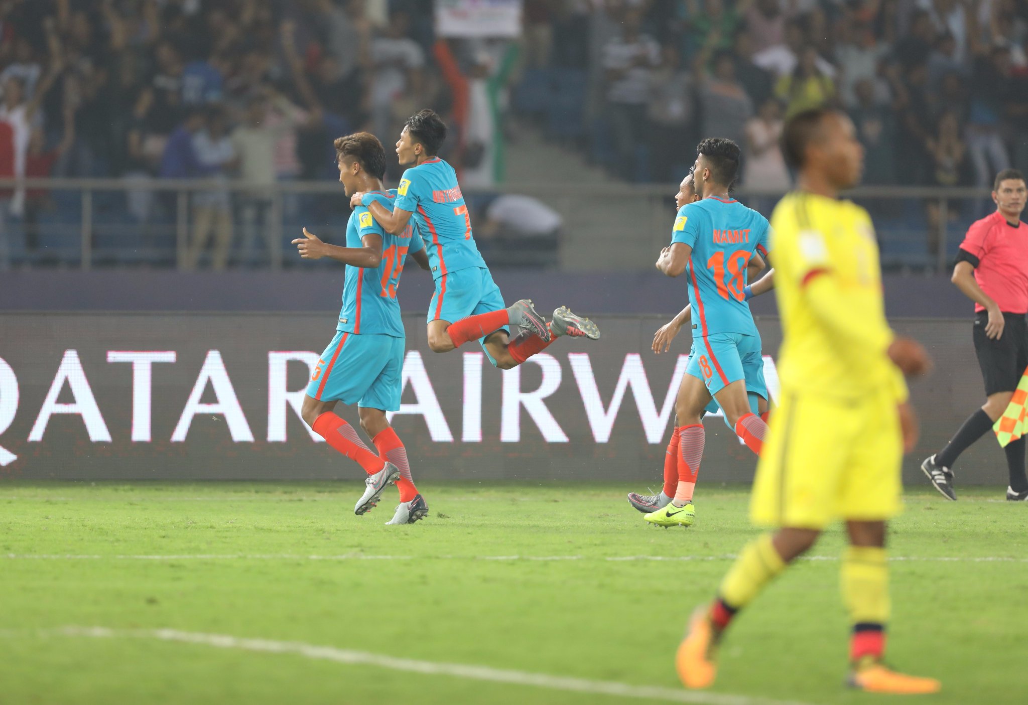 Goal celebrations at the World Cup, a first for India. (Image courtesy: AIFF Media) Goal celebrations at the World Cup, a first for India. (Image courtesy: AIFF Media)