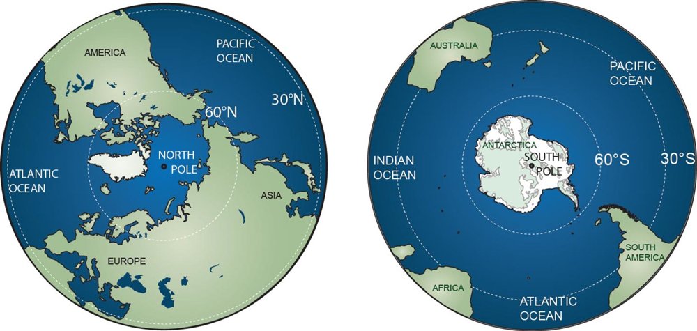 Pole-centred globes showing the oceanic isolation of Antarctica compared to the more continental Northern Hemisphere. Source: Ceridwen Fraser, Author provided. Pole-centred globes showing the oceanic isolation of Antarctica compared to the more continental Northern Hemisphere. Source: Ceridwen Fraser, Author provided.