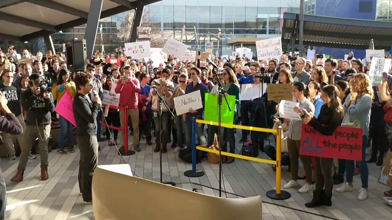 Google co-founder Sergey Brin addresses company workers at a protest against the Trump regime's immigration ban in January. (Image credit: YouTube) Google co-founder Sergey Brin addresses company workers at a protest against the Trump regime's immigration ban in January. (Image credit: YouTube)