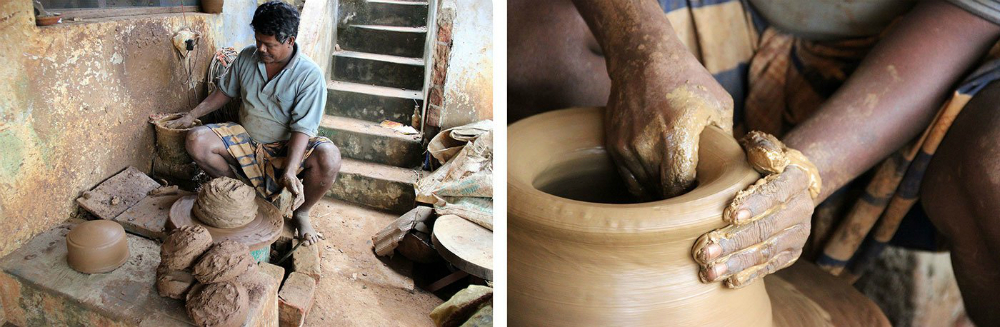 Ramesh turns the electric wheel (left), draws up the clay and shapes it (right). Ramesh turns the electric wheel (left), draws up the clay and shapes it (right).