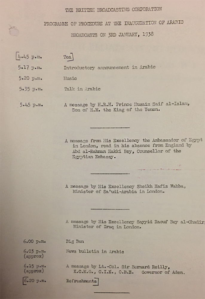 Programme of the inaugural BBC Arabic broadcast on January 3, 1938. Picture courtesy India Office Records, British Library Programme of the inaugural BBC Arabic broadcast on January 3, 1938. Picture courtesy India Office Records, British Library