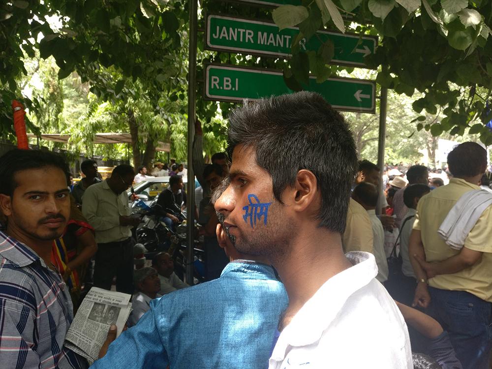 Man with “Jai” on one cheek and “Bhim” on the other | Photo credit: Shoaib Daniyal Man with “Jai” on one cheek and “Bhim” on the other | Photo credit: Shoaib Daniyal