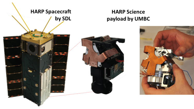 HARP spacecraft and payload at different stages of development. Spacecraft: SDL, Payload:UMBC, CC BY-ND HARP spacecraft and payload at different stages of development. Spacecraft: SDL, Payload:UMBC, CC BY-ND